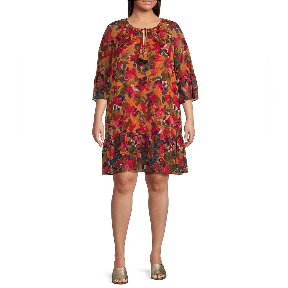 NWT Vince Camuto Size 14W Floral Chiffon Tie Front Neck 3/4 Sleeve Float Dress